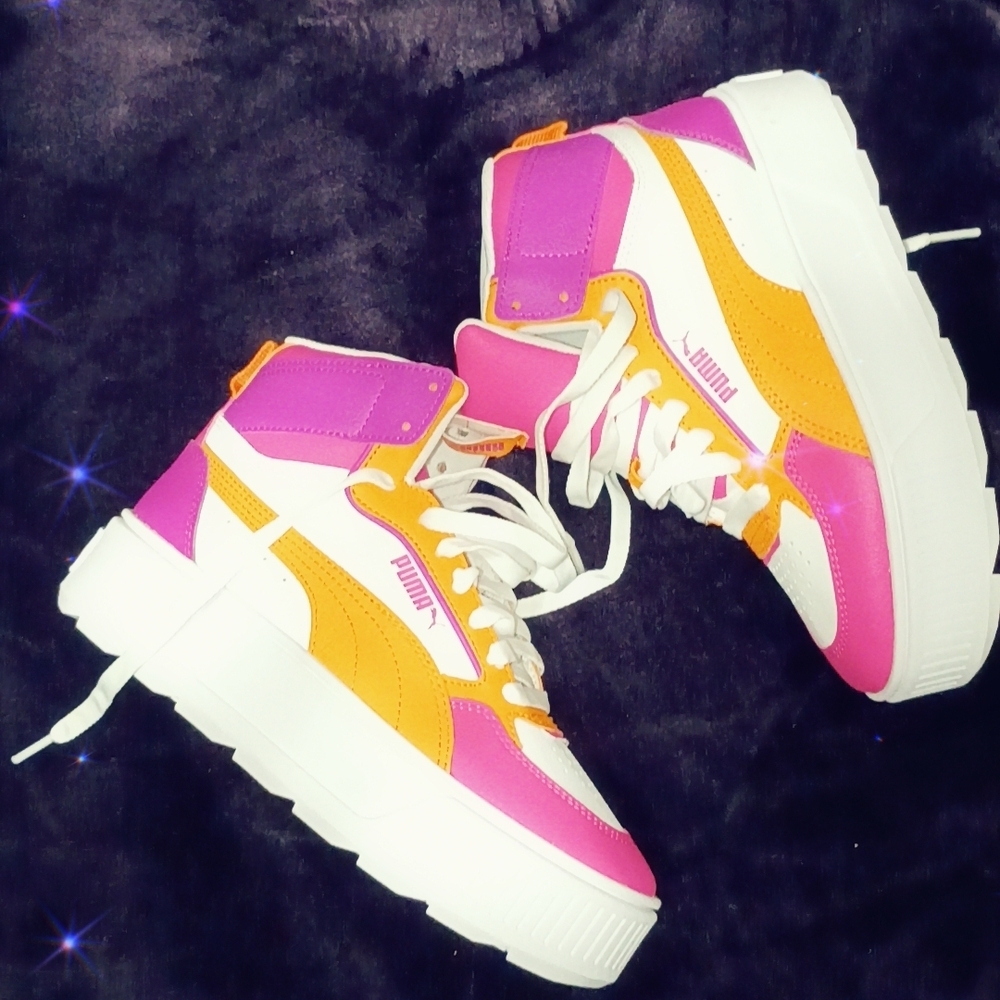 Puma Women's Pink and Yellow High-Top Sneakers